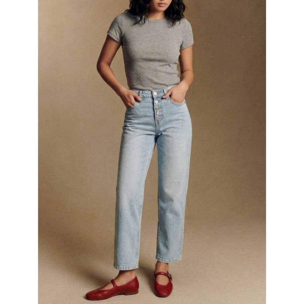 High Rise Button Fly Vintage Wash Crop Denim Jeans 25